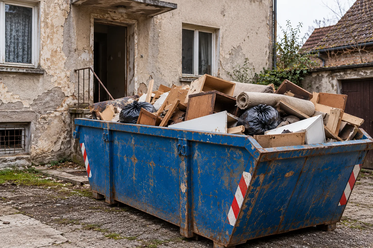 Symbolbild: gefüllter Entrümpelungscontainer vor einem älteren Haus